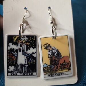 Tarot Card Earrings with The Tower and Strength